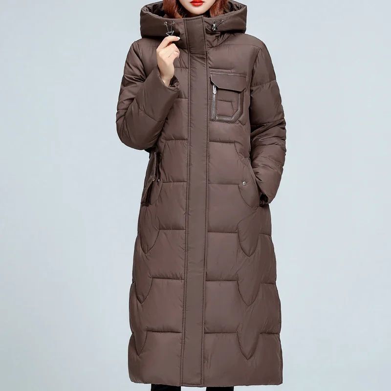 

Winter Long Parkas Women Overcvoat Hooded 2024 Elegant Fashion Loose Thick Warm Lady Jackets With Belt High Quality