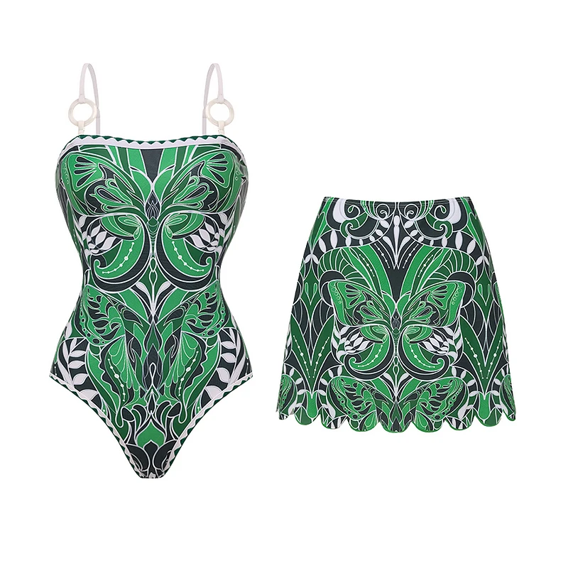 Flaxmaker Vintage Women Swimwear Bikini Set Butterfly Printed One Piece Swimsuit and Skirt Summer Women Swimming Beachwear