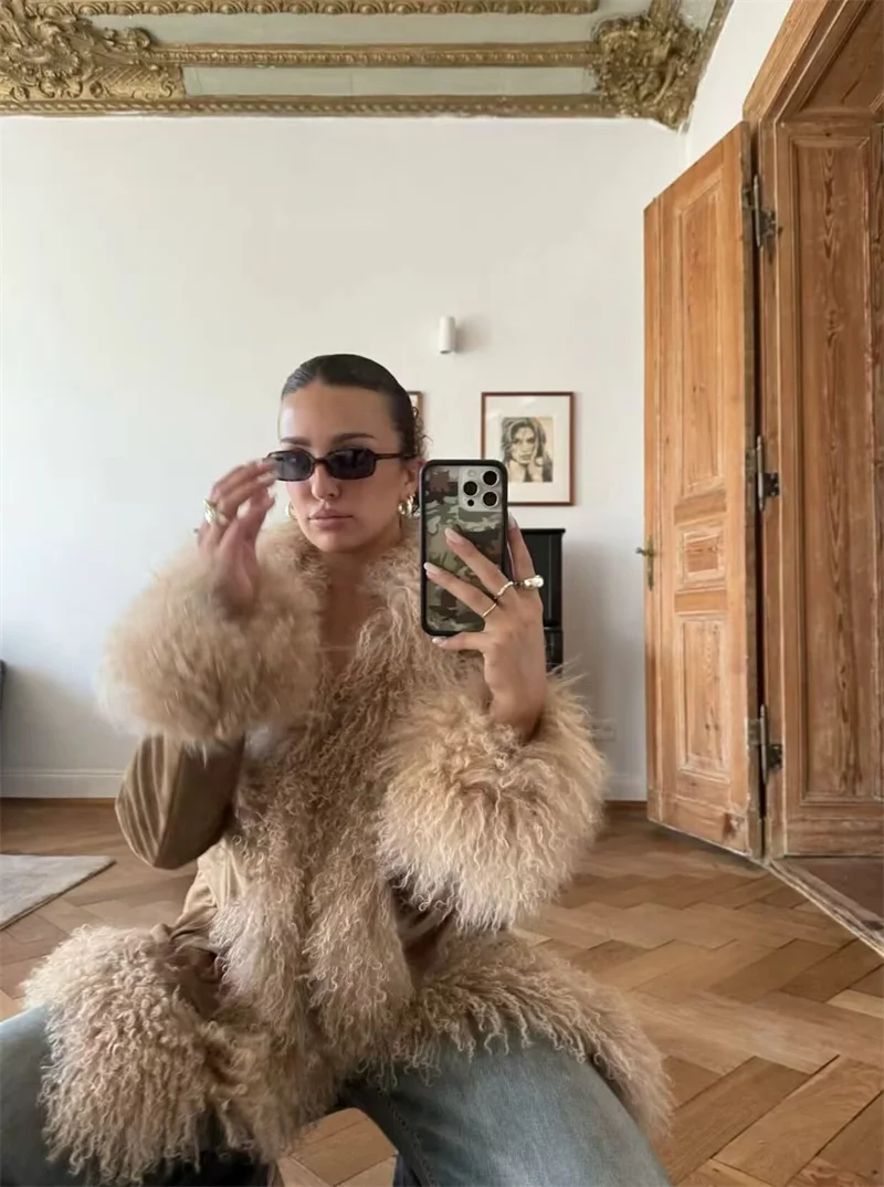 Abrigo elegante de lana de retales de piel sintética para mujer, abrigos largos lisos de manga larga con solapa para mujer, prendas de vestir femeninas a la moda para Otoño e Invierno