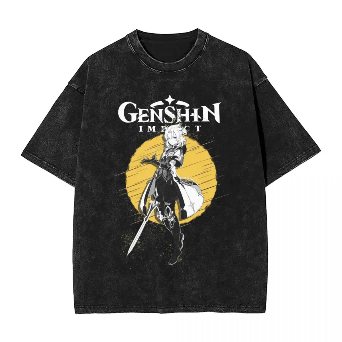 Humor Albedo Genshin Impact woman Men Streetwear Black Washed T-Shirt Hot stamping Print Tees Harajuku Summer Short Sleeve Tees