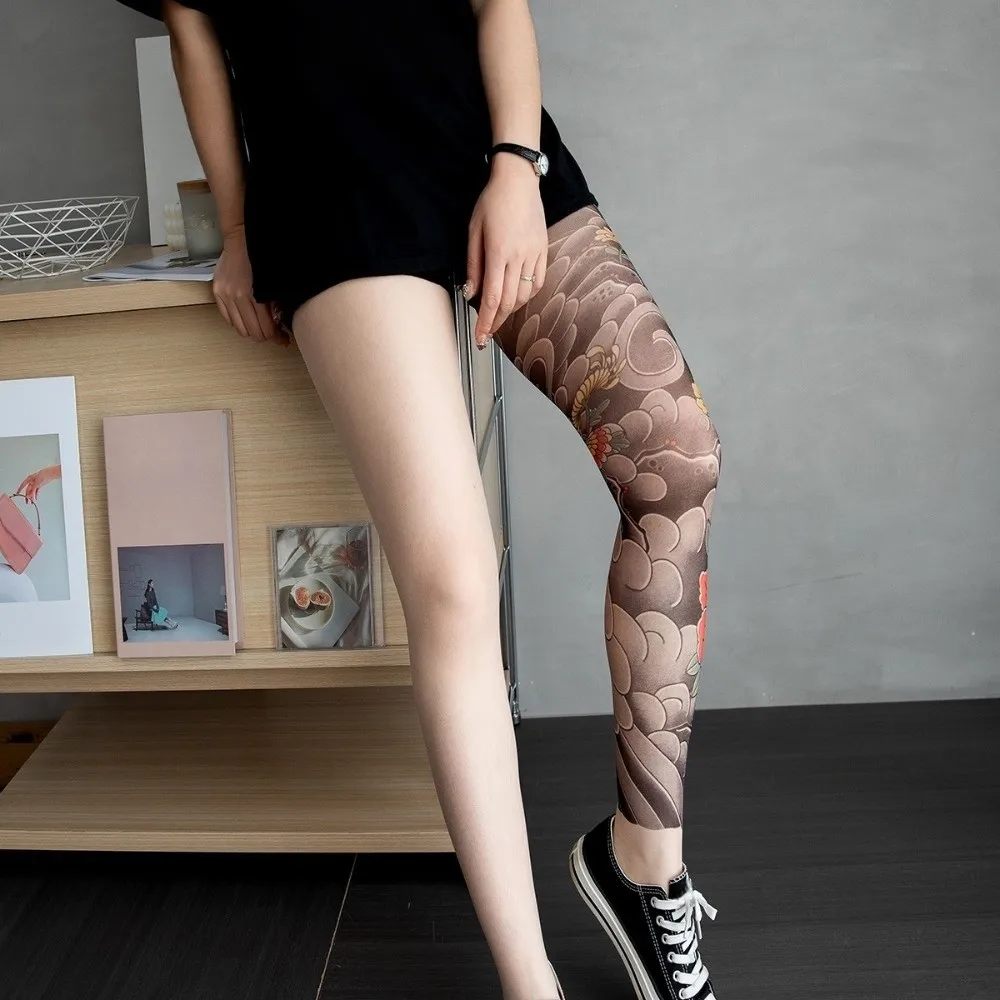 Japanese Style Full Leg Tattoo Socks Elastic Breathable Fake Tattoo Socking Seamless UV Protection Sun-proof Socks Fishing