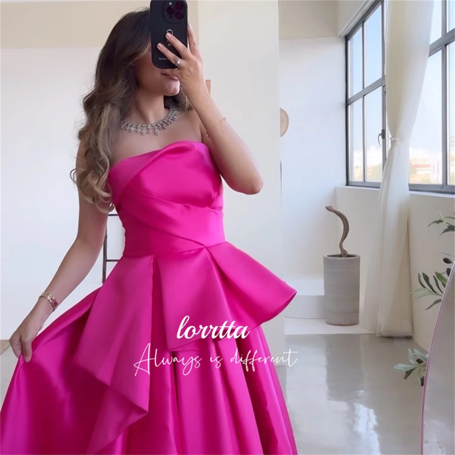 Lorrtta-vestido elegante de satén para mujer, Vestidos de Noche de línea A Eid, rosa roja para ocasiones especiales, vestidos de baile para mujer