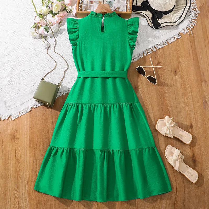 2025 New Arrival Girls Sleeveless Ruffles Sashes Green Menina Cute Holiday Night Party Princess Dress Custume 8-12T