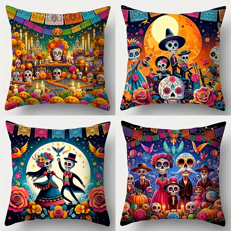 Mexikanische Feiertags-Kissenbezüge mit Totenkopf-Muster, mexikanischer Day of the Dead-Kissenbezug, einseitiger Druck, Reißverschluss, Polyester