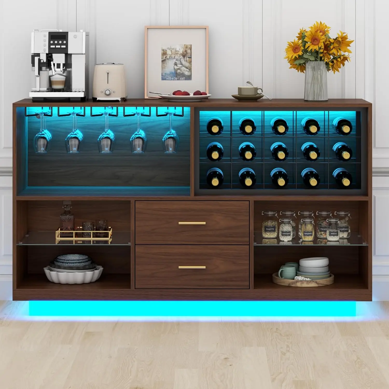 Armadietto moderno per Wine Bar con luci e cassetti a LED, mobile Buffet con credenza a LED con portabottiglie e portabicchieri, caffè domestico