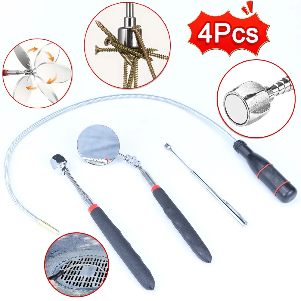 

4Pcs Telescoping Magnet Pick-up Tool Set, 360° Swivel Adjustable Inspection Mirror and Bendable Spring Magnet Stick Tools