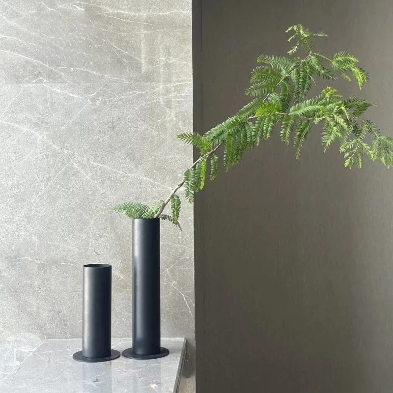 Metal Vase Living Room Matte Black Art Home Decorative Vases Elegant Aesthetic Desk Vase Modern Minimalist Slender Flowerpot