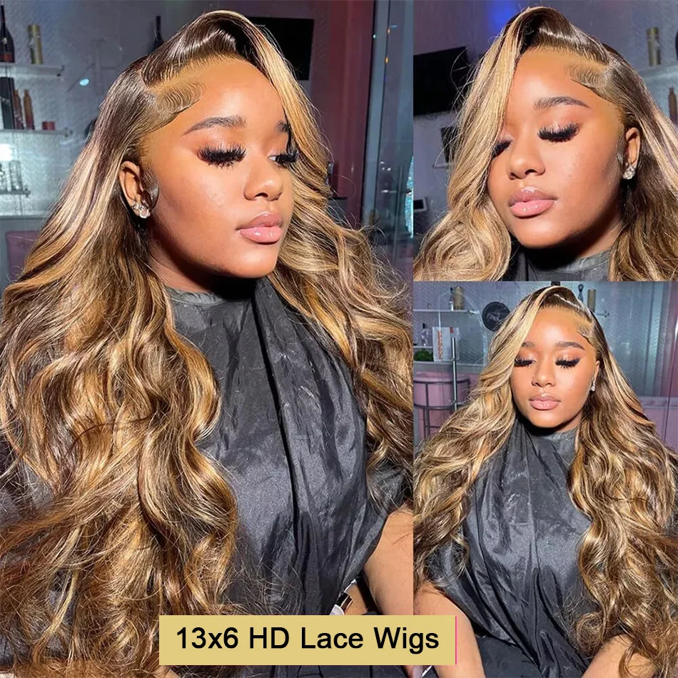 HD 13X6 Highlight Wig Human Hair Honey Brown Colored Lace Front Human Hair Wigs For Women Pre Plucked Body Wave Lace Frontal Wig