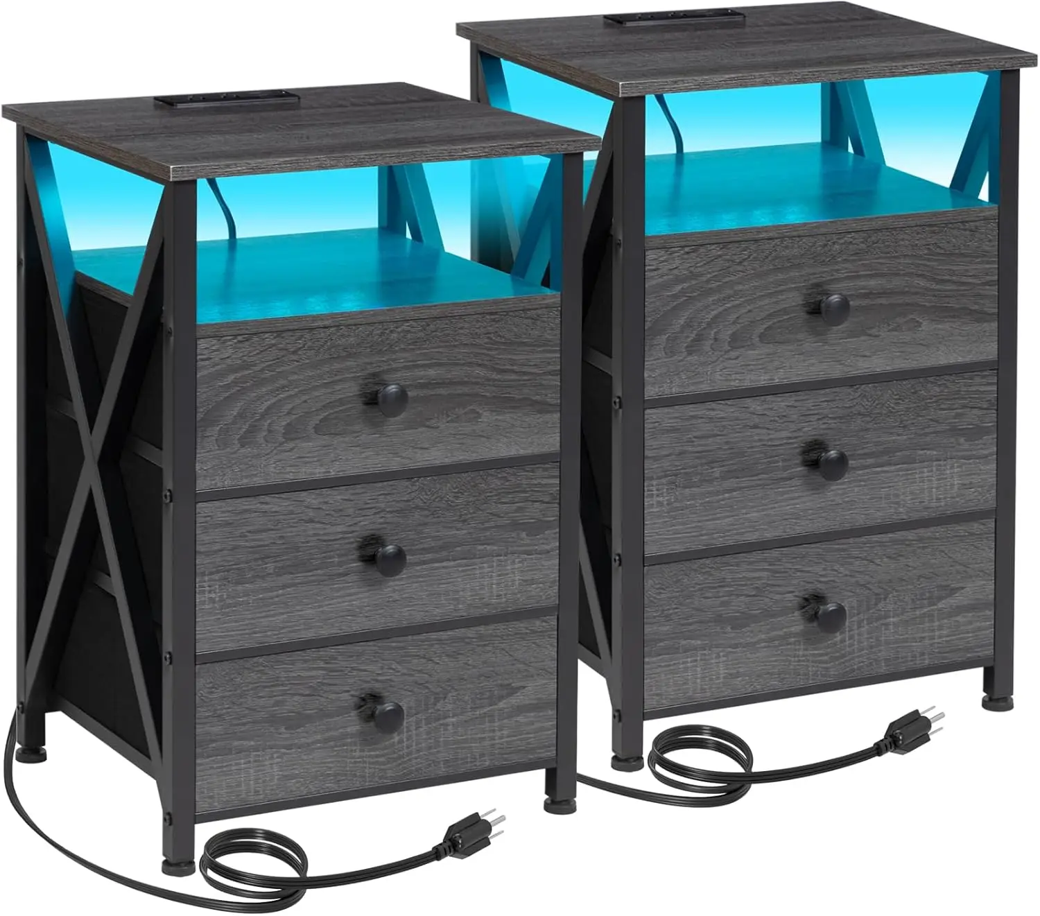 Night Stand Set 2, LED Nightstand with Charging Station, End Side Tables with USB Port & Outlet, with Fabric Drawers