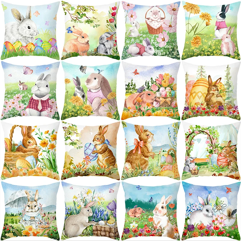 Easter Decoration Pillowcase Sofa Cushion Case Bed Pillow Cover Home Party Cushion Cover Watercolor Rabbit Throw Pillowcase 45cm