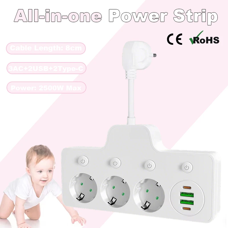 

5 in 1 Minimalist Socket 1 to 3 Home Extension Power Strip Stylish and Compact with USB and Type-C Ports 2500W Max Power EU Plug
