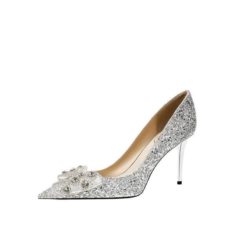 

A28 Декоративные туфли на высоком каблуке со стразами и бантом, темпераментные женские туфли-компаньоны, свадебные туфли для подружки невесты, остроконечный дизайн на высоком каблуке
