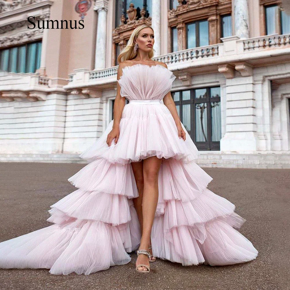 

Light Pink High Low Prom Dresses Tiered Pleats Tulle Strapless A Line Pageant Gowns 2024 Party Dress Long Train Celebrity Gown