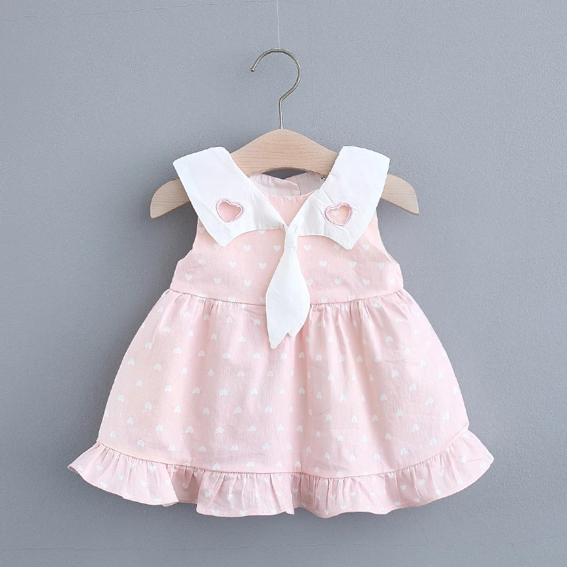 Baby Girl Dress Summer Girls Solid Color Collar Tie Heart Printed Bottom Lace Sleeveless Princess Dress