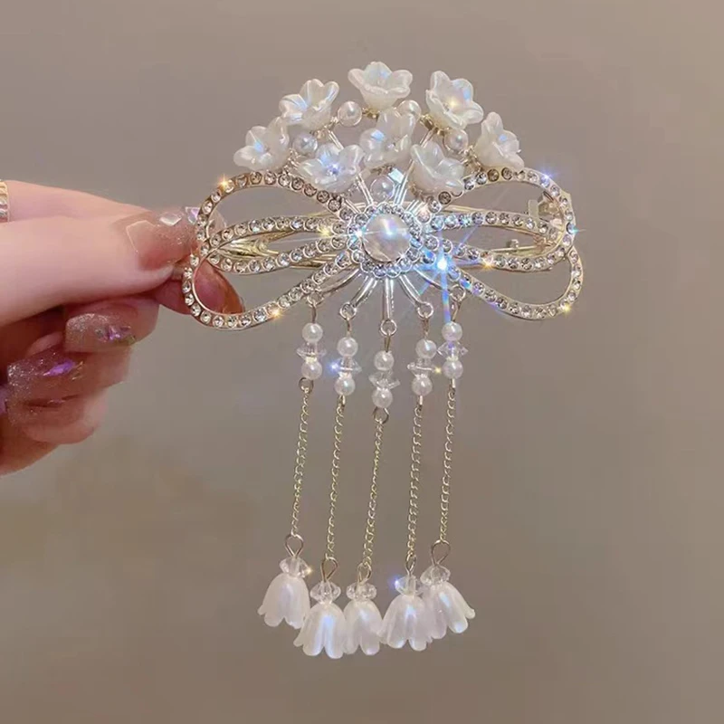 Grampos de cabelo vazados com laço para mulheres, meninas, flor de cristal, borla, brilhante, elegante, moda, presilhas de cabelo