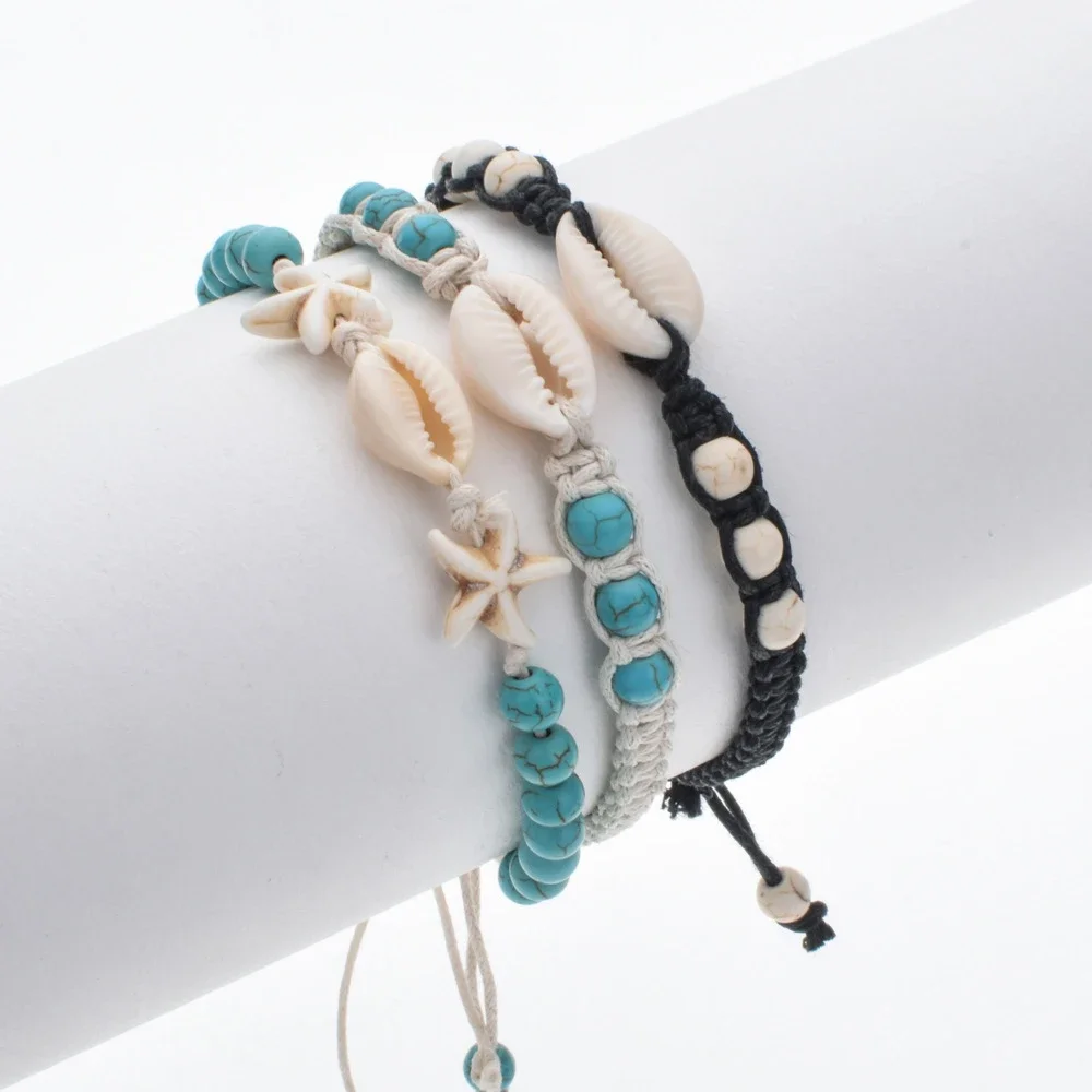 Summer Starfish Shell Woven Bracelet Unisex Adjustable Wax Rope Turquoise Beaded Anklet Bracelet Women Men Boho Beach Jewelry