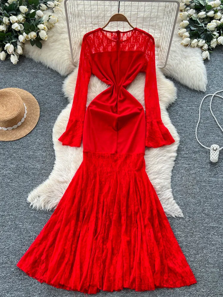 Ele renda longa sve sereia vestido feminino fino ajuste fi cauda dr cintura alta emenda ci commute verão faion dr