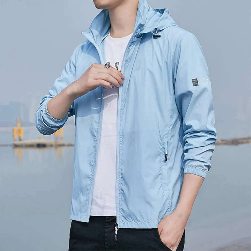 Trendy Sun Jacket Lightweight Solid Color Male Zipper Hood Elastic Cuff Coat Sun Top Breathable