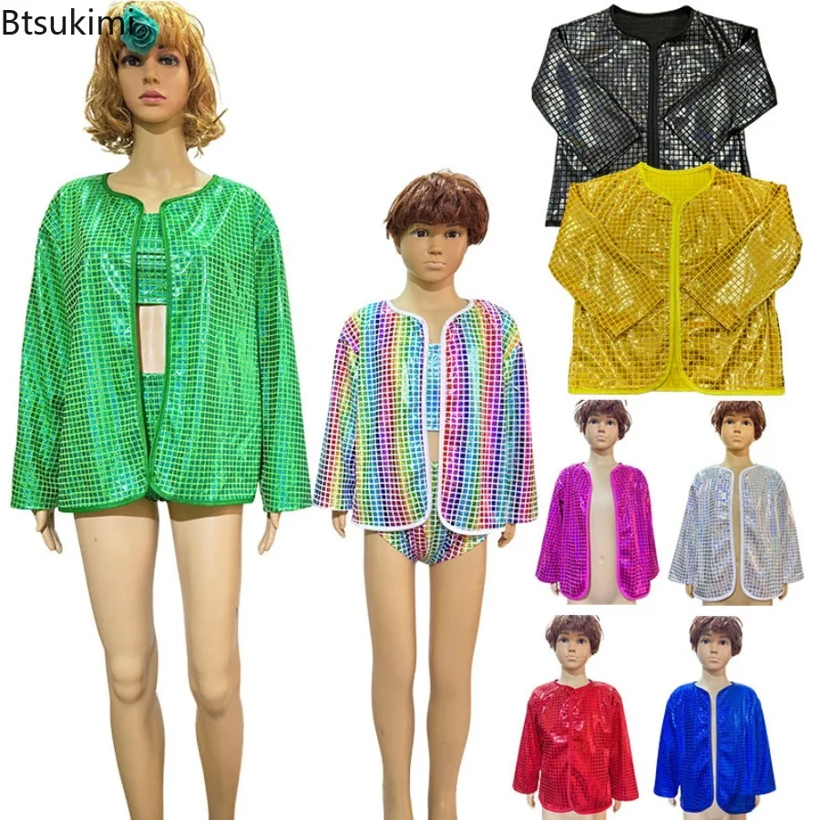 2026 Children's Performance Costumes Jacket Laser Square Grid Sequins Cardigan Kids Cheerleading Top Without Buttons or Zippers