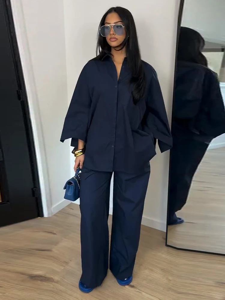 Elegante Damen-Hosenanzüge mit Revers: Oversized Hemd, Langarm-Bluse mit Knopfleiste, Weite Hose, Schickes Einfarbiges Outfit – Detail 30