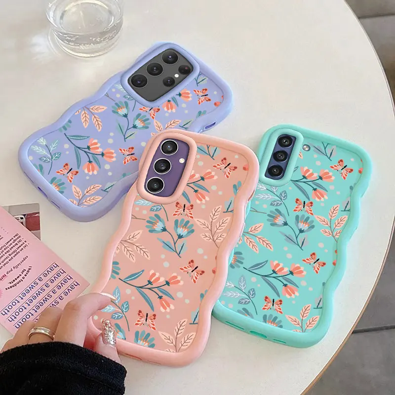 Flower Fashion Phone Case For Samsung Galaxy S21 S22 S23 S24 FE ULTRA 5G Soft Coque Wavy Edged Shockproof Cover Girl Shell