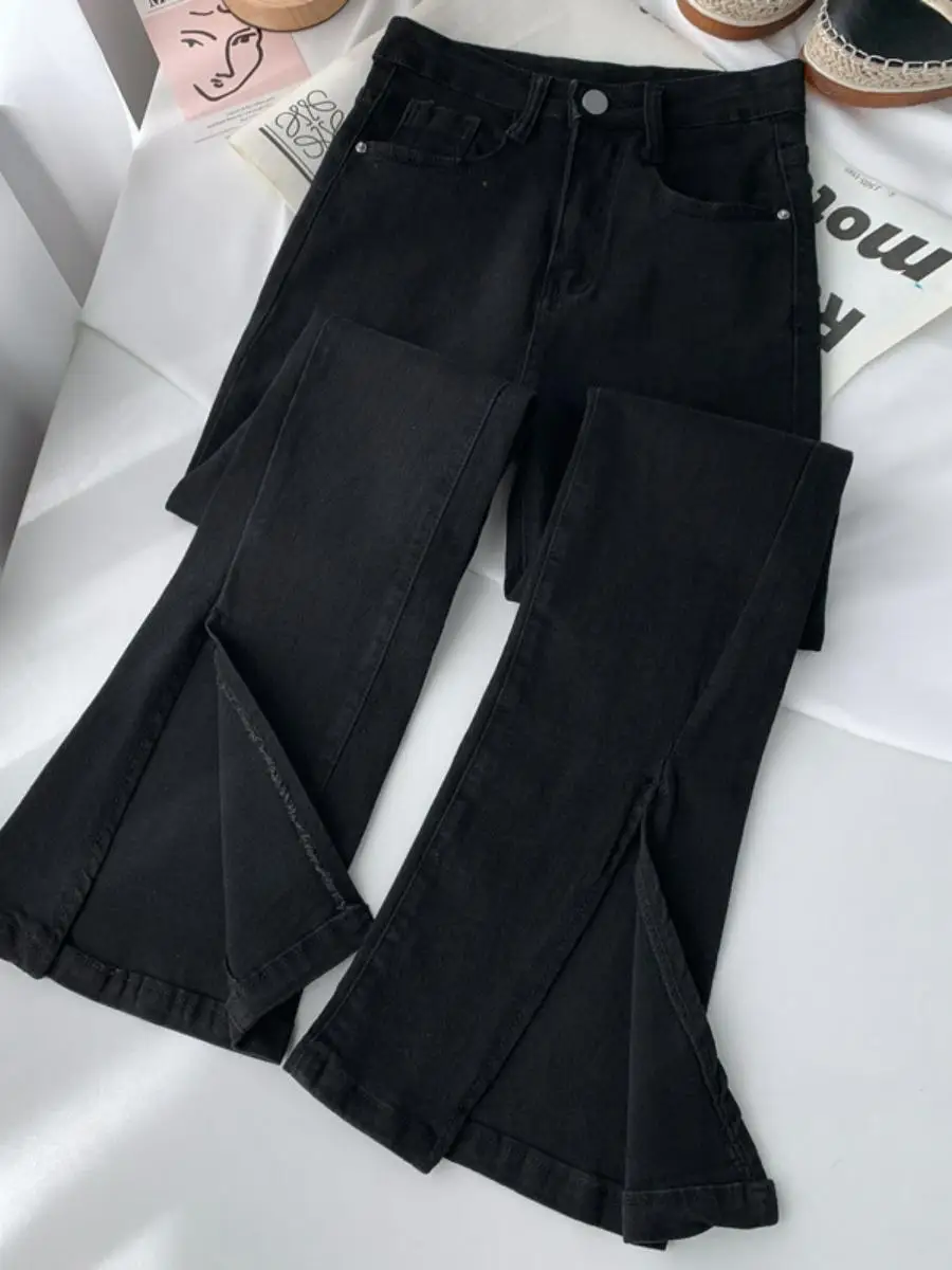 

Расклешенные джинсы с высокой талией, женские эластичные утягивающие прямые длинные леггинсы с разрезом, осенние модные женские джинсы премиум-класса