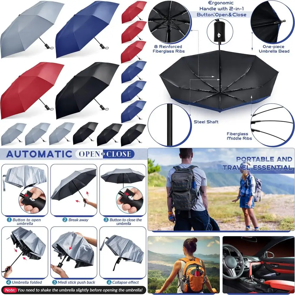 

Windproof Travel Umbrellas - Bulk Pack, Wind Resistant Folding Auto Open Close, Compact Rain Umbrellas for Automatic Travel Use