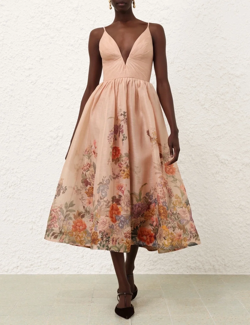 

Floral Print Sleeveless Vintage 2025 New Summer High Quality Linen Silk Pleats Women Midi Dress