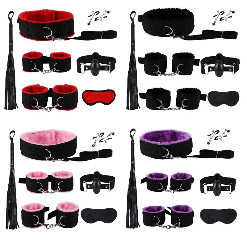 7PC BDSM Bed Restraints Sex Toy Kits Handcuffs 18+ Adult Sex Game Sexy Suit Nipple Clipper Mouth Gag Whip Sex Feather Soft SM