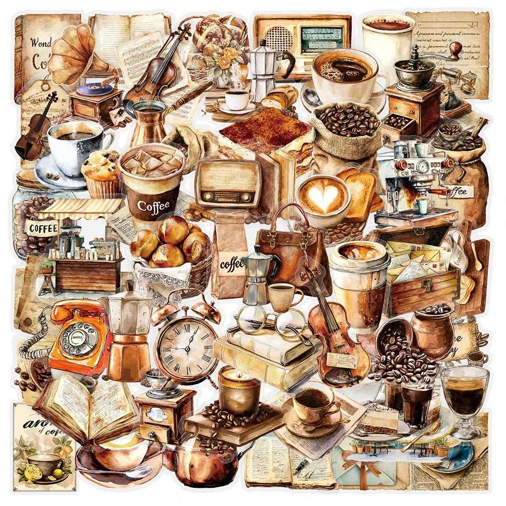 10/30/50pcs Vintage Coffee Shop Graffiti Stickers Transparent Retro Decal DIY Scrapbook Guitar Luggage Aesthetic Cartoon Sticker