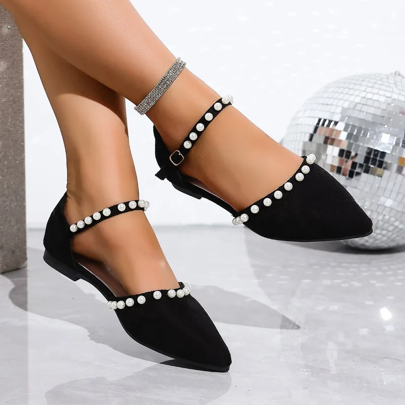 

Жемчужные сандалии, новые летние туфли с острым носком и неглубоким носком, на одном ремешке, на мягкой подошве, нескользящие износостойкие туфли на низком каблуке