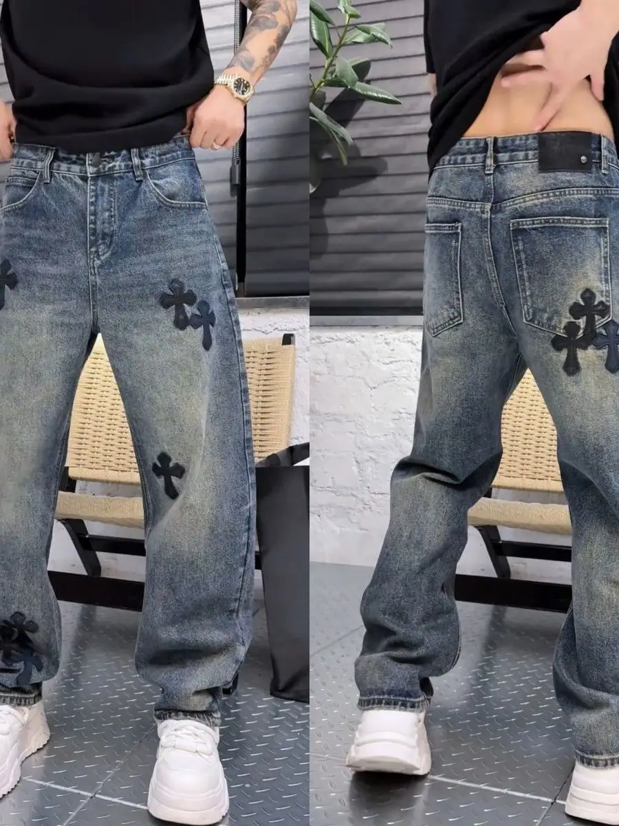 

American Retro Heavy Embroidery Denim Jeans Men's Spring Autumn New Faion Loose Straight Long Pants Versatile Trendy Brand