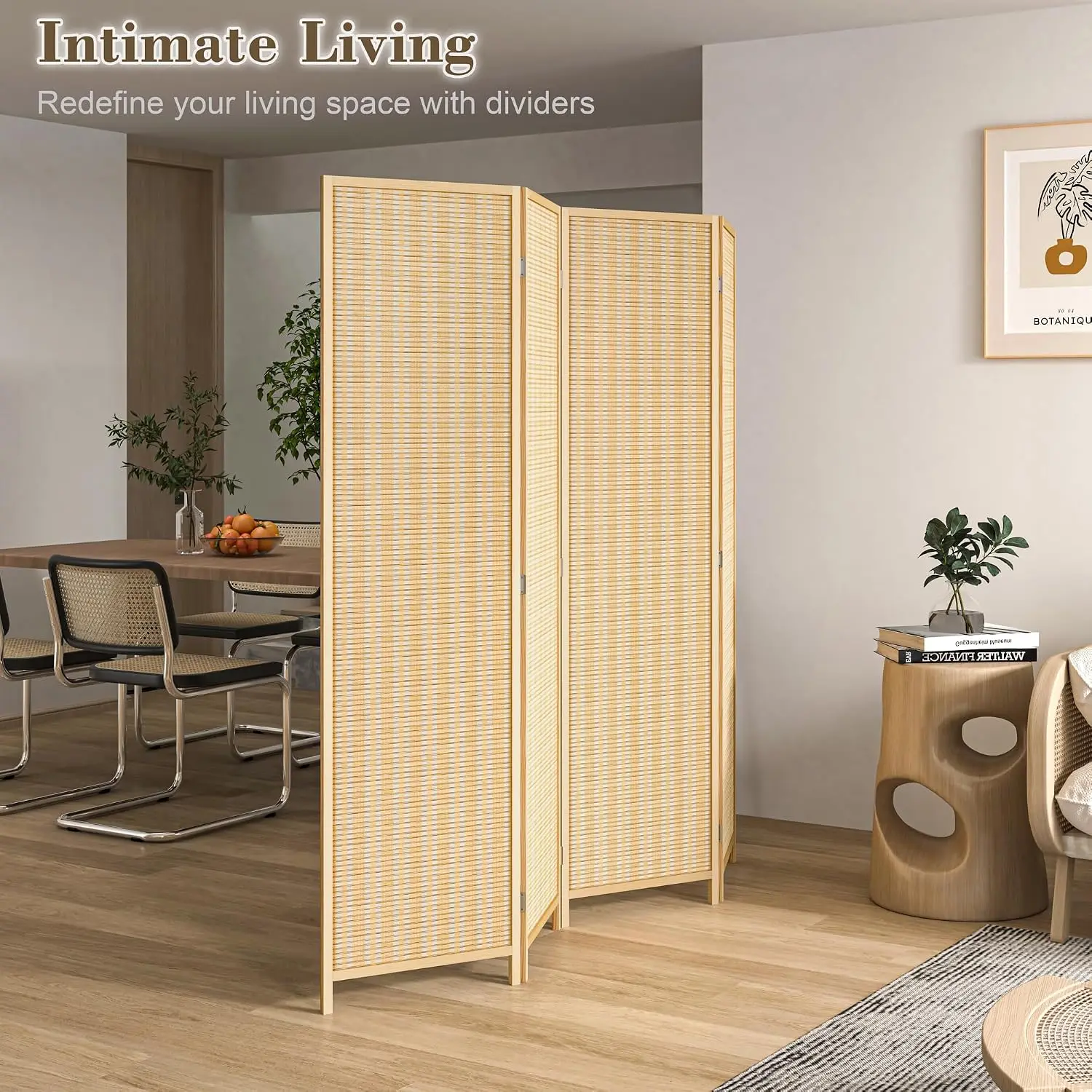 4 Panel Bamboo Room Divider, Folding Privacy Screen for Room Separation, Natural Wood Room Partitions and Dividers, Patio Privac