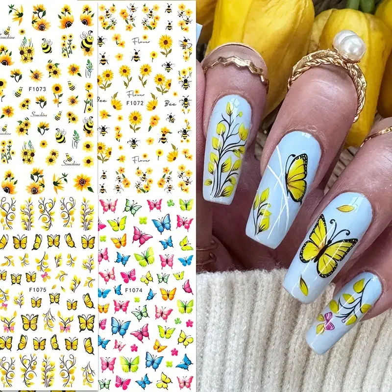 Novedad de verano, juego de pegatinas para uñas con mariposa, abeja, girasol, rosa, diente de león, ramo, prensa en uñas, accesorios para decoración de uñas DIY