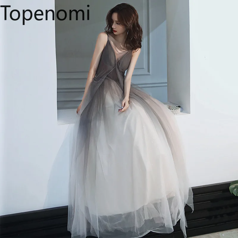 

Topenomi Gardient Spaghetti Strap Fairy Mesh Party Dress Women Elegant Simple Waist Birthday Prom Gown Banquet Evening Dresses