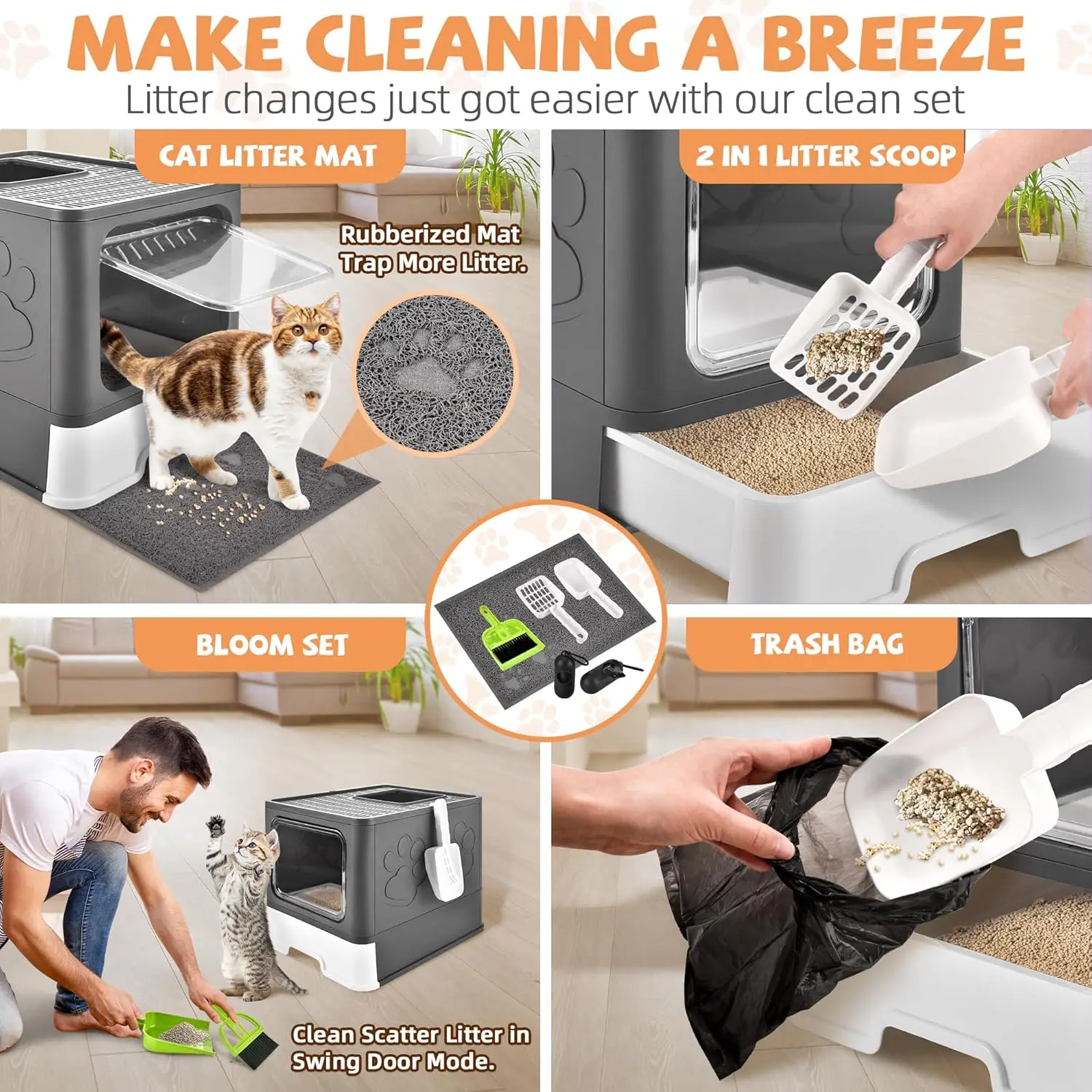 Cat Box with Litter Mat and Scoop, Large Foldable Litter Box with Lids, Free in& Out Covered Kitty Box 6