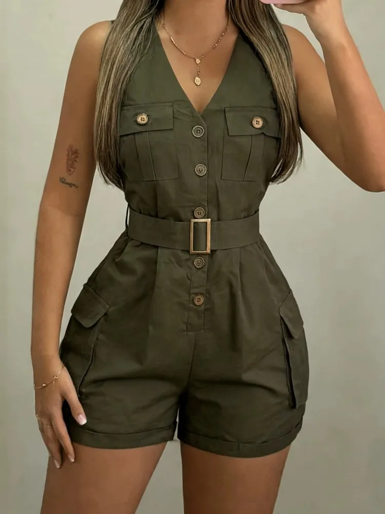 

Solid Women Jumpsuits For Summer Autumn Sleeveless V-Neck Loose Fashion Streetwear Overalls Wide Leg Shorts Trousers 2026