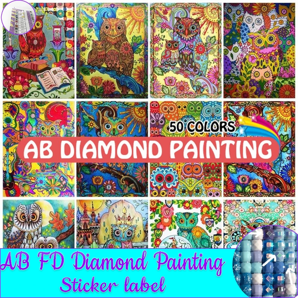 

AB Diamond Painting 50 Colors Owl Colorful Embroidery Abstract Animal Art 5D Diy Rhinestone Mosaic Handwork Wall Sticker Decor