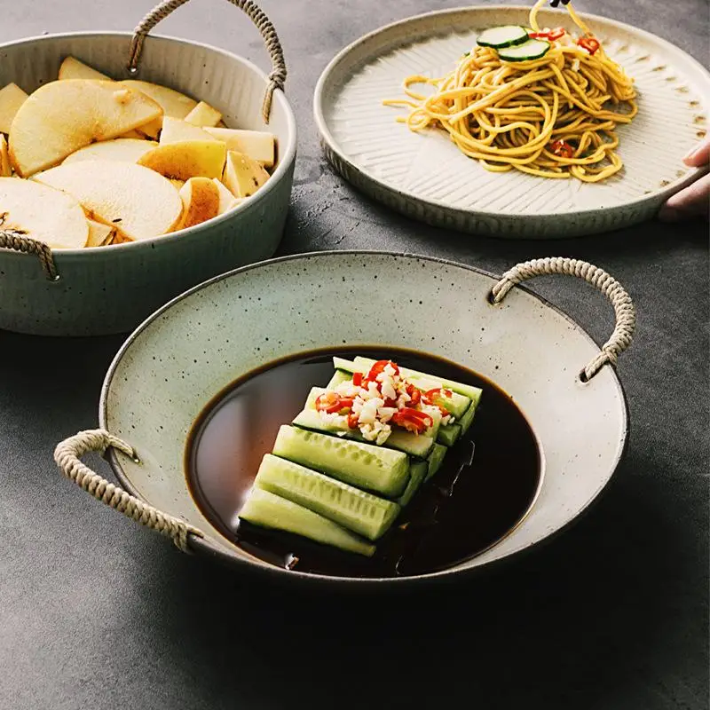 

Creative Dual-Eared Cerc Fi Plate Japanese Sle Dining Utensils Jingdezhen Coarse Cercs Retro Dining Plate