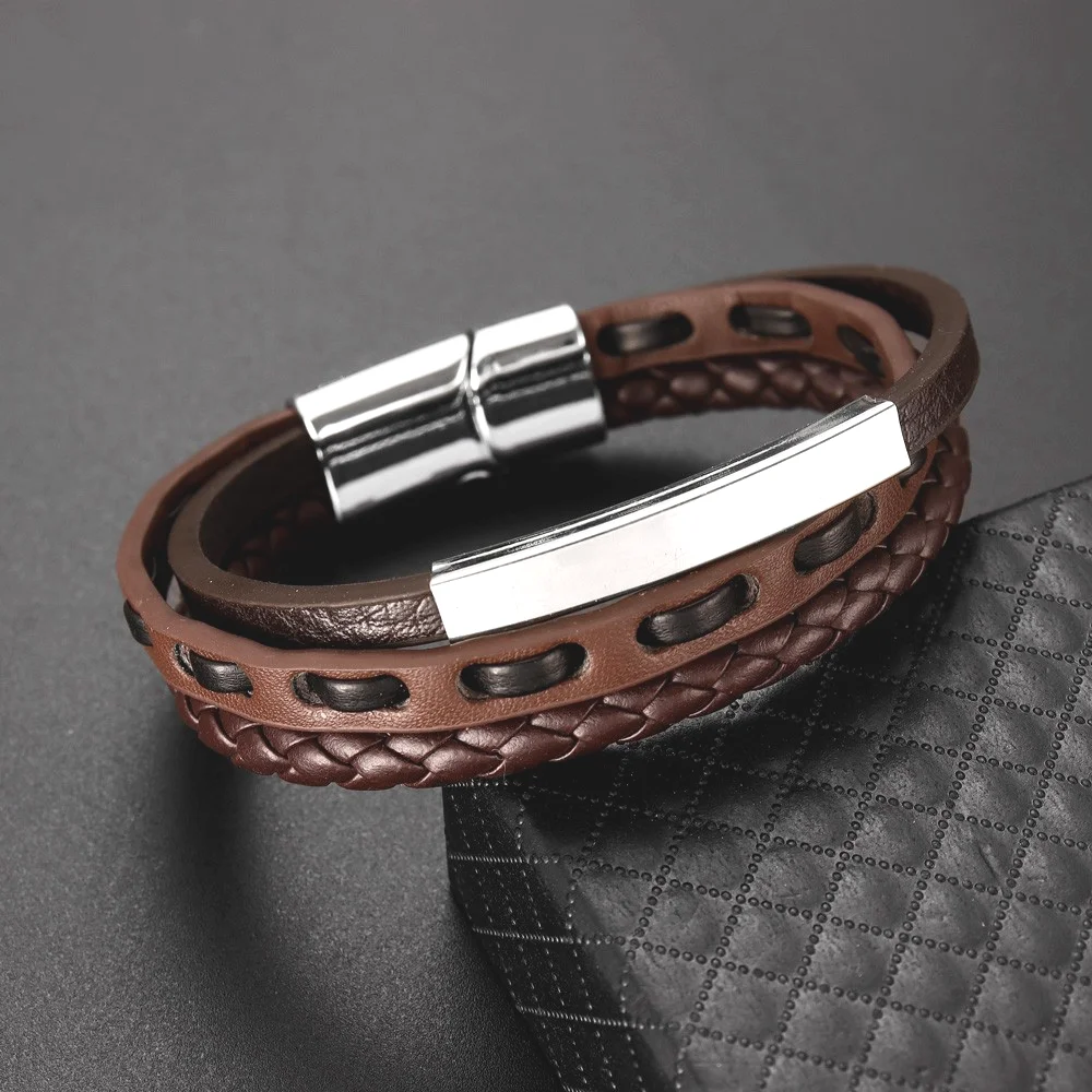 

Trend Multi-Layer Leather Woven Perforated Diy Bracelet Charm Men's Bracelet Magnetic Buckle Fashion Jewelry Accessories Gift
