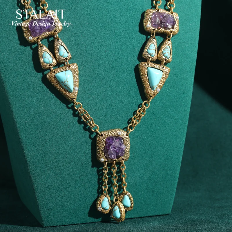 

Vintage Collar Choker Necklace Jewelry Blue Triangle Natural Stone Purple Pendant Chain Antique Luxury Woman Weddings Designer