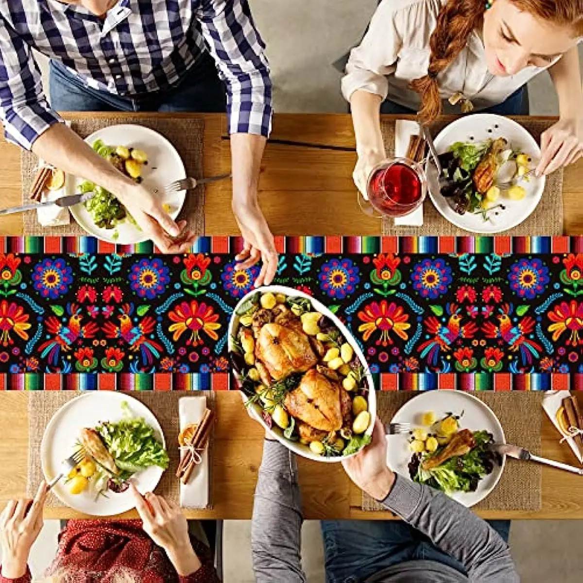 Linen Mexican Fiesta Table Runners Kitchen Table Decoration Day of The Dead Dining Table Runners for Holiday Party Decorations