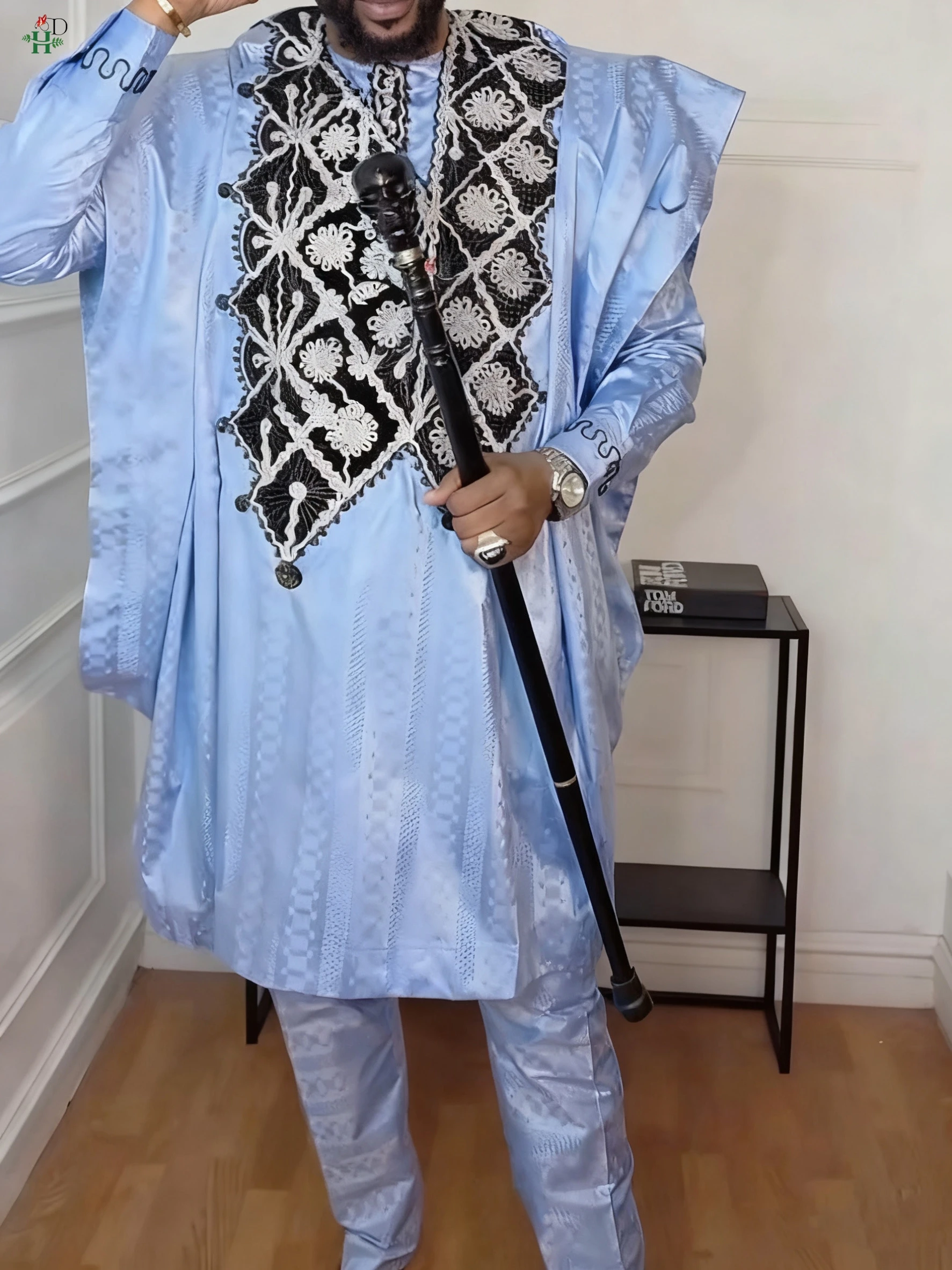 H & D الملابس الأفريقية للرجل مجموعات Agbada التقليدية 3 قطعة الأزرق رداء بانت بازان الثراء المطرزة حفل زفاف الدعاوى حجم كبير #4