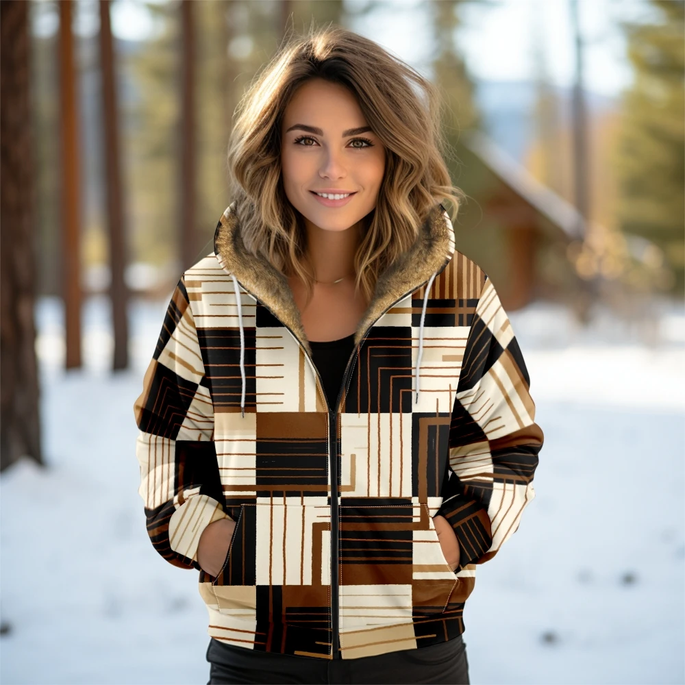 Cozy Soft Fleece-Lined Zip-Up Jacket Women Winter Geometric Print Hooded Coat Hipster Plaid Winter Wear for Snowy Forest Outings