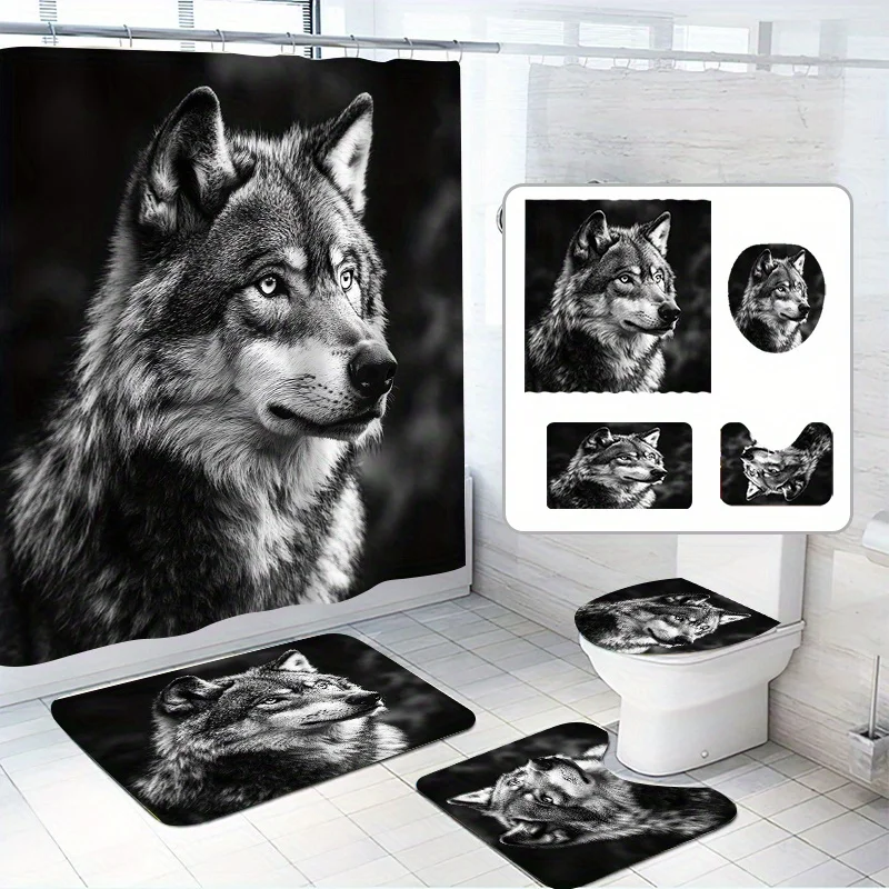 

1/4 комплекта, комплект занавесок для душа Wolf King Gaze, готовый к использованию, схема черно-белого цвета, полиэфирная ткань, с нескользящим ковриком для ванной