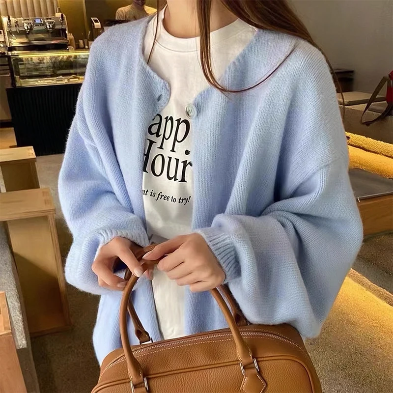 

2025 Korean Lazy Style Sweet Knitted Cardigan Women Vintage Versatile Long Sleeve Coats New Single Button Simple Cardigans Tops