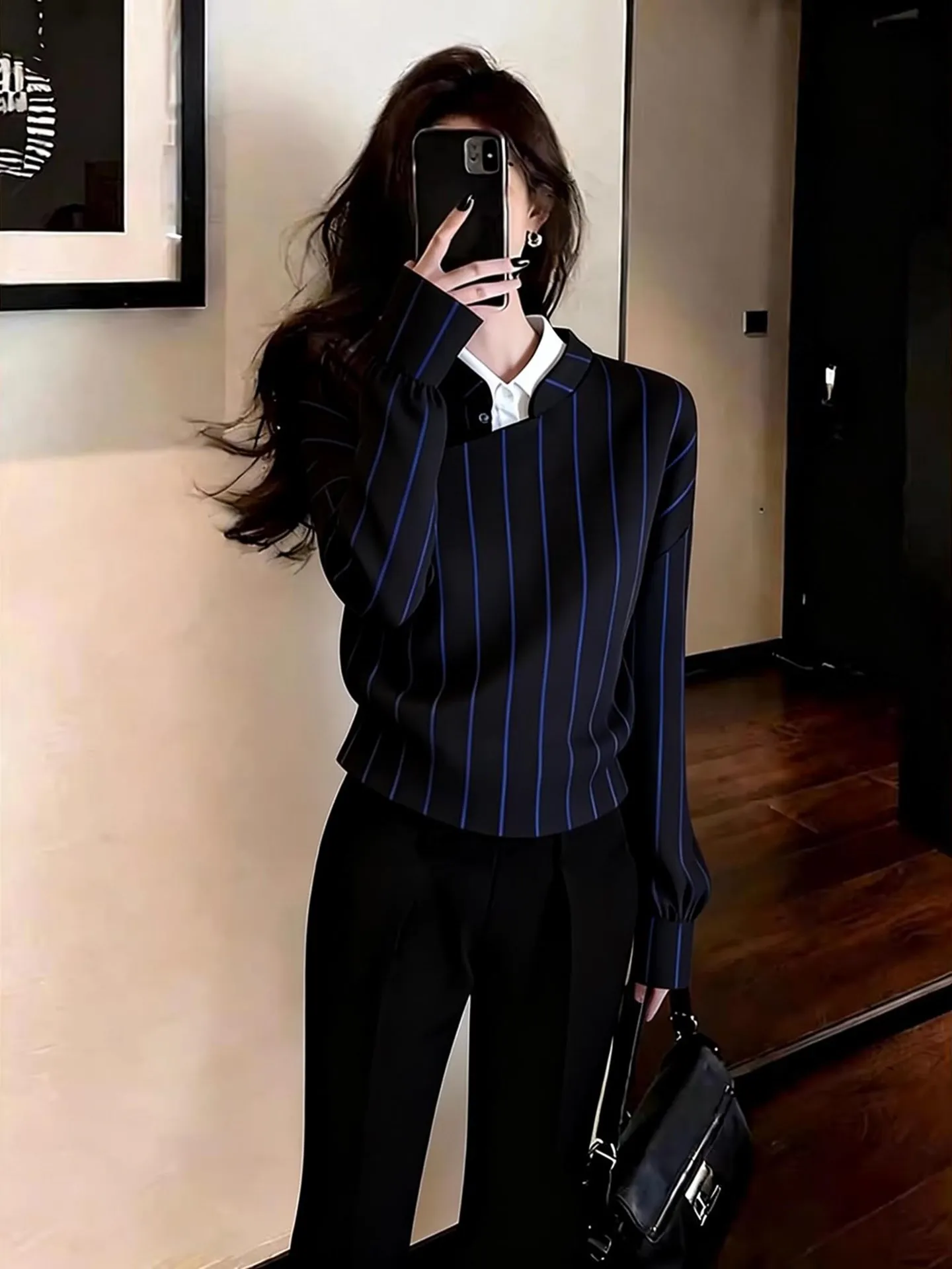 

Elegant Commuter Style Korean Fashion Blue Striped Women's Jacket Loose Fit High Waist Long Sleeve Mid-Length Cardigan