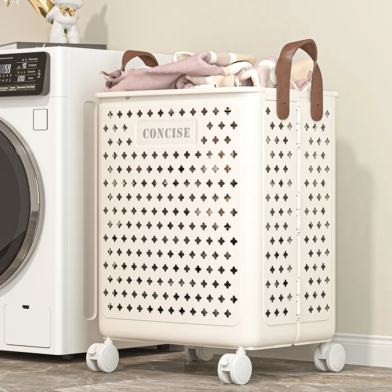 Foldable Dirty Laundry Hamper Large Capacity Wheeled Hollow Lattice Design Basket Large Capacity Basket Bathroom Storage