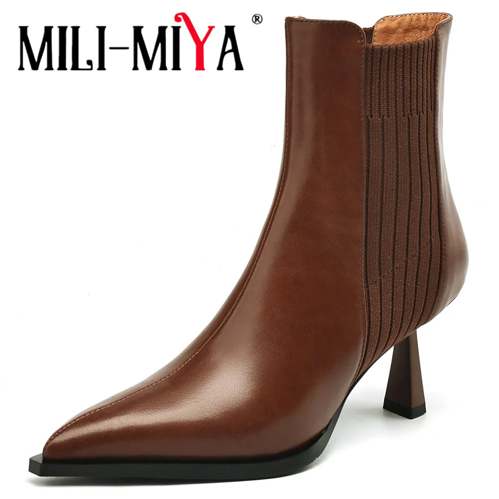 Aucegi Fashion Pointed Toe Genuine Leather Women Ankle Boots Slim Thin High Heels Party Dress Autumn Winter Manual Made Shoes