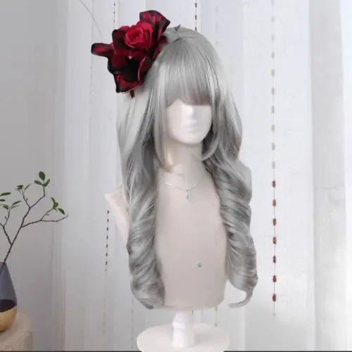 ‌ شعر مستعار لوليتا رمادي مجعد - شعر مموج ضخم لصور السفر Kawaii Cosplay Gothic Fashion قطعة شعر صناعية مقاومة للحرارة